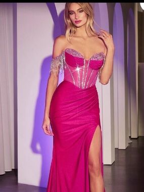 Strapless Fuchsia Evening Gown with Crystal Fringe